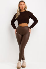 faux leather high waist leggings brown styledup