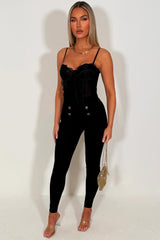 womens black high waist trousers with gold buttons 