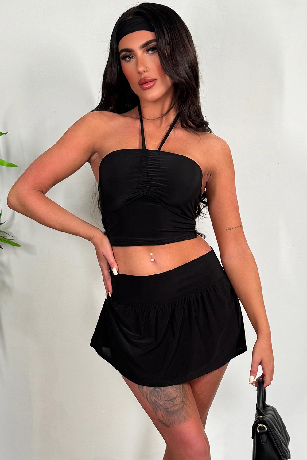 skort off shoulder crop top and matching headband three piece set summer holiday festival outfit