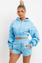 ruched sleeve crop zip hoodie and shorts tracksuit set womens