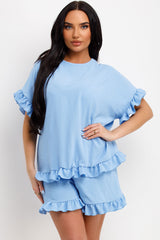 short sleeve frilly ruffle blouse and shorts two piece set womens summer holiday outfit