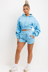 crop zip hoodie and shorts tracksuit set sky blue