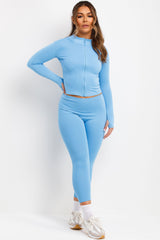 womens sky blue zip up sports jacket and seamless leggings two piece co ord set skims uk