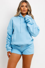 womens ruched sleeve hoodie and shorts tracksuit lounge set airport outfit