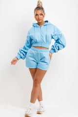 womens crop zip up hoodie with ruched sleeves and shorts tracksuit set