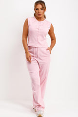 ribbed sleeveless button up top and trousers two piece co ord airport outfit lounge set womens