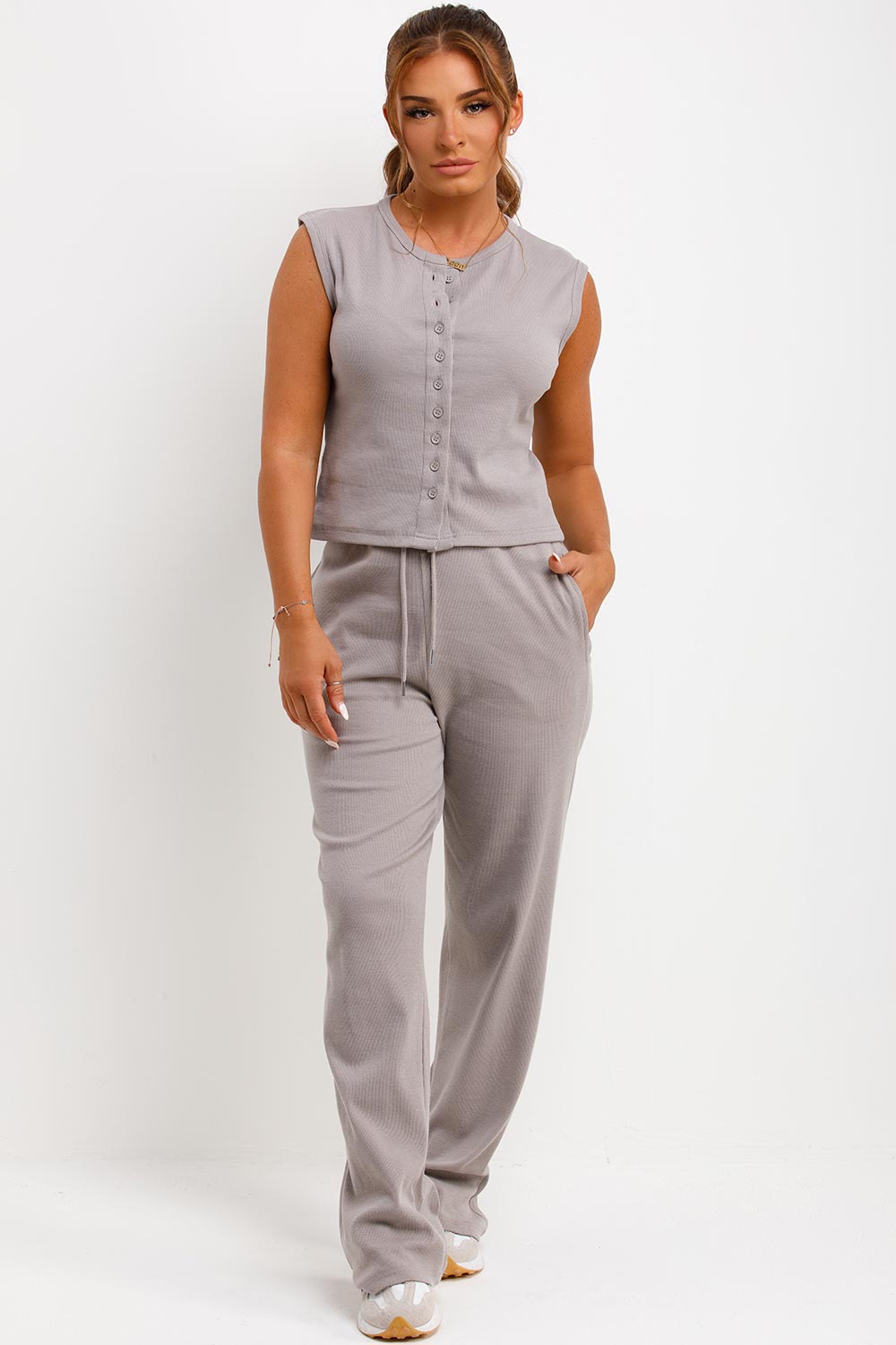 button up sleeveless top and trousers two piece co ord womens airport outfit set styledup