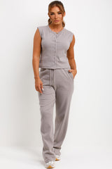 button up sleeveless top and trousers two piece co ord womens airport outfit set styledup