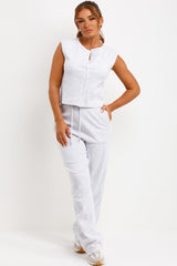 ribbed sleeveless button up top and trousers two piece co ord airport outfit lounge set womens