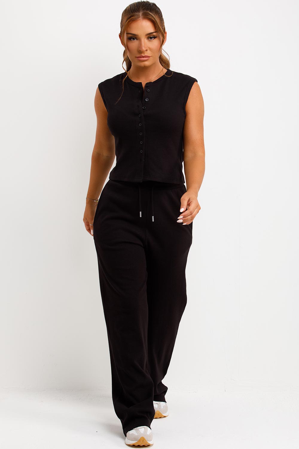 button up sleeveless top and trousers two piece co ord womens airport outfit set styledup