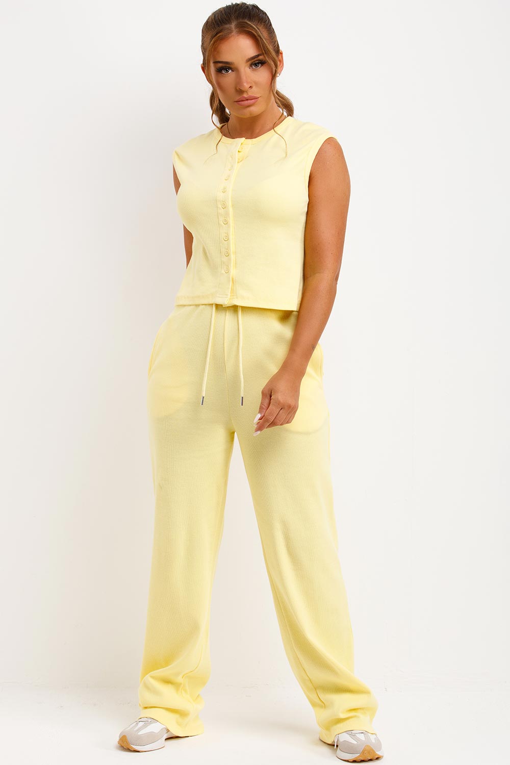 button up sleeveless top and trousers two piece co ord set womens uk 