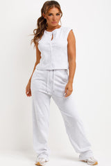 zara womens button up sleeveless top and trousers two piece co ord airport outfit set styledup