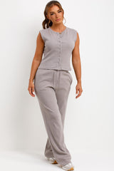 ribbed sleeveless button up top and trousers two piece co ord airport outfit lounge set womens