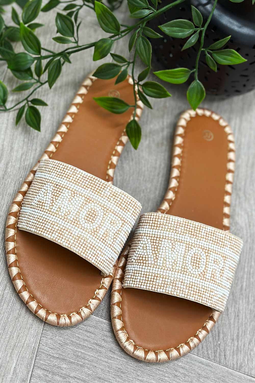 womens beaded slider sandals amore slogan