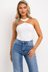 white halter neck gold buckle bodysuit top going out christmas party outfit 