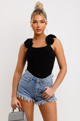 ruched ruffle double lined bodysuit top black