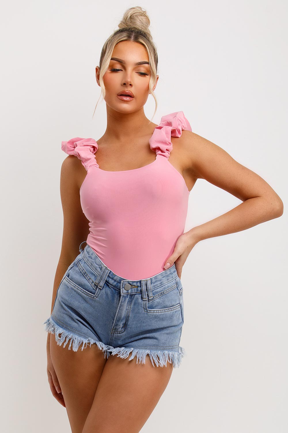 ruffle ruched slinky double lined bodysuit top pink going out summer holiday top