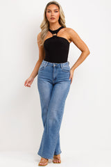 gold buckle halter neck bodysuit top black styledup