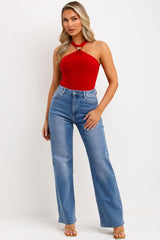 gold buckle halter neck bodysuit top red styledup