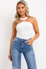gold buckle halter neck going out white bodysuit top christmas party outfit styledup 