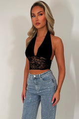 plunge halter neck crop top with lace hem styledup
