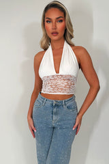 plunge halter neck crop top with lace hem styledup