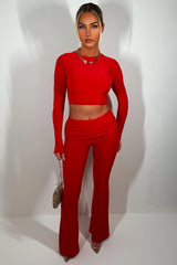 fold over detail flared trousers and top two piece set red going out outfit