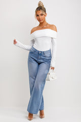 off shoulder long sleeve fold over bodysuit top