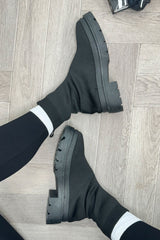 womens black sock boots ankle length chunky sole