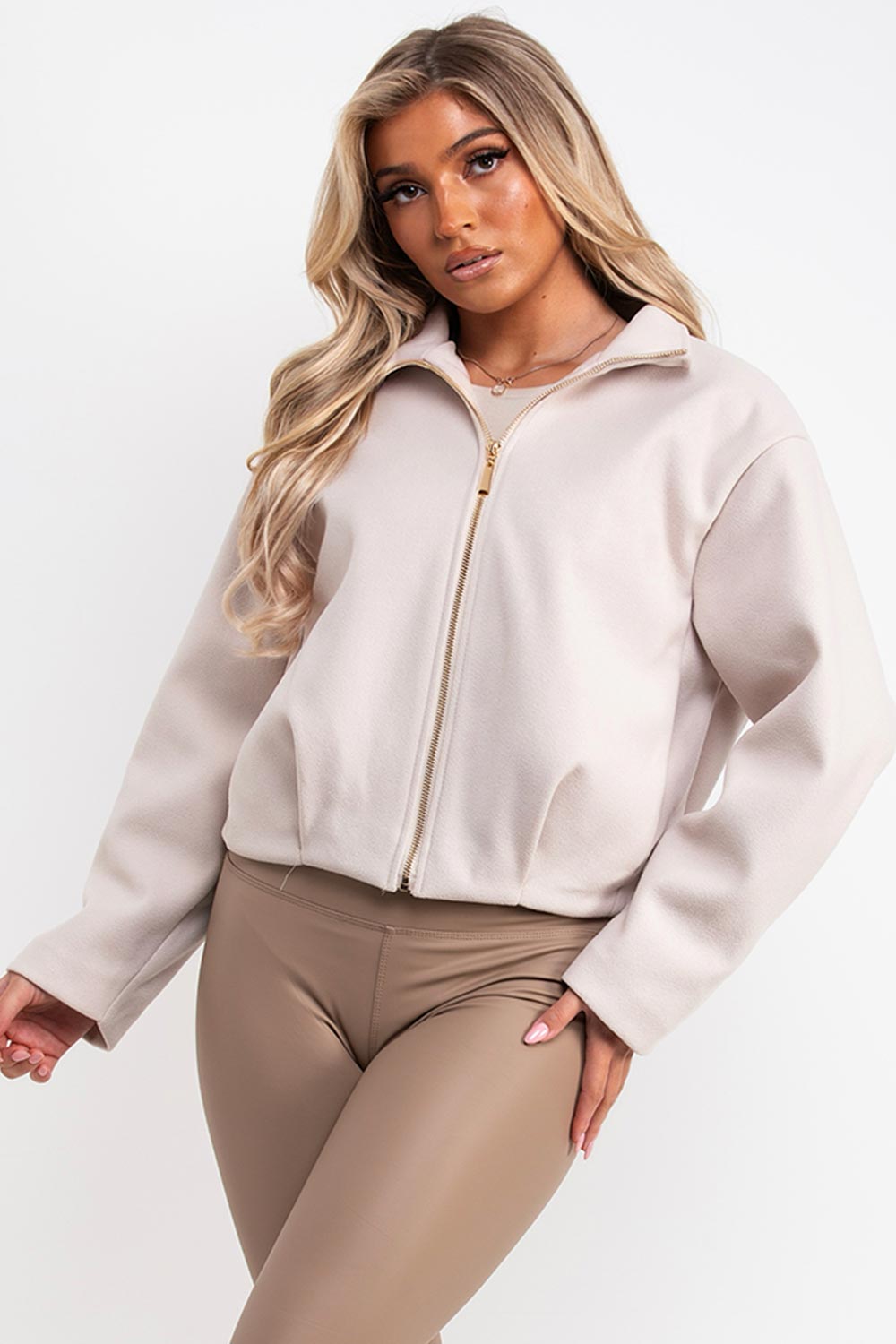 soft bomber jacket with high collar funnel neck styledup uk