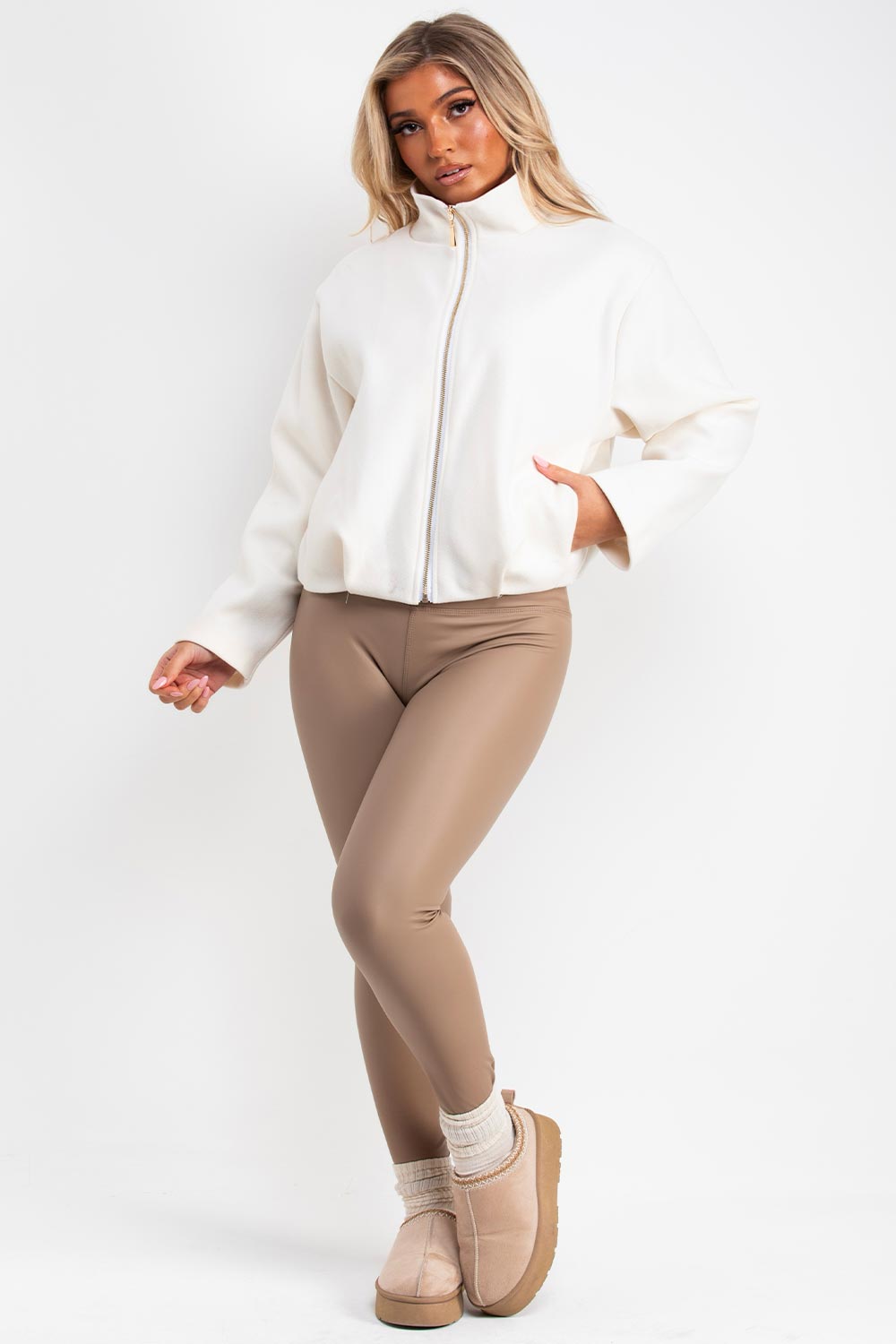 womens high collar funnel neck long sleeve soft bomber jacket styledup uk