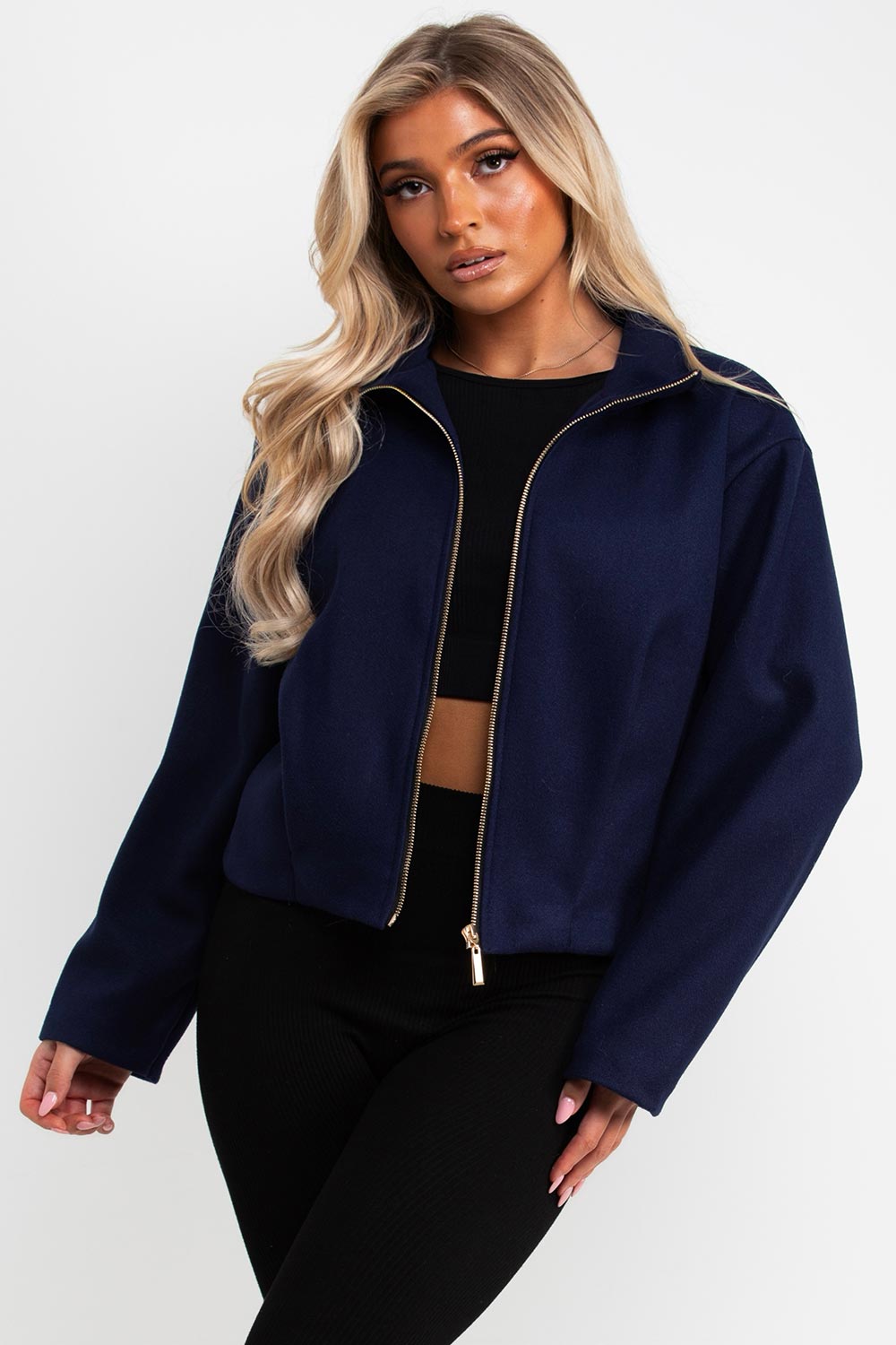 womens navy soft bomber jacket with high collar funnel neck styledup uk