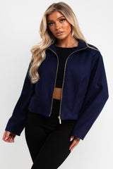 womens navy soft bomber jacket with high collar funnel neck styledup uk