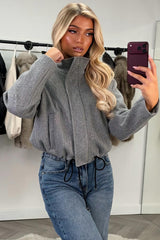 womens grey drawstring hem funnel neck jacket long sleeves everyday outerwear uk