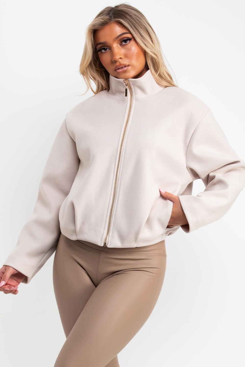 womens beige soft bomber jacket with high collar funnel neck styledup uk