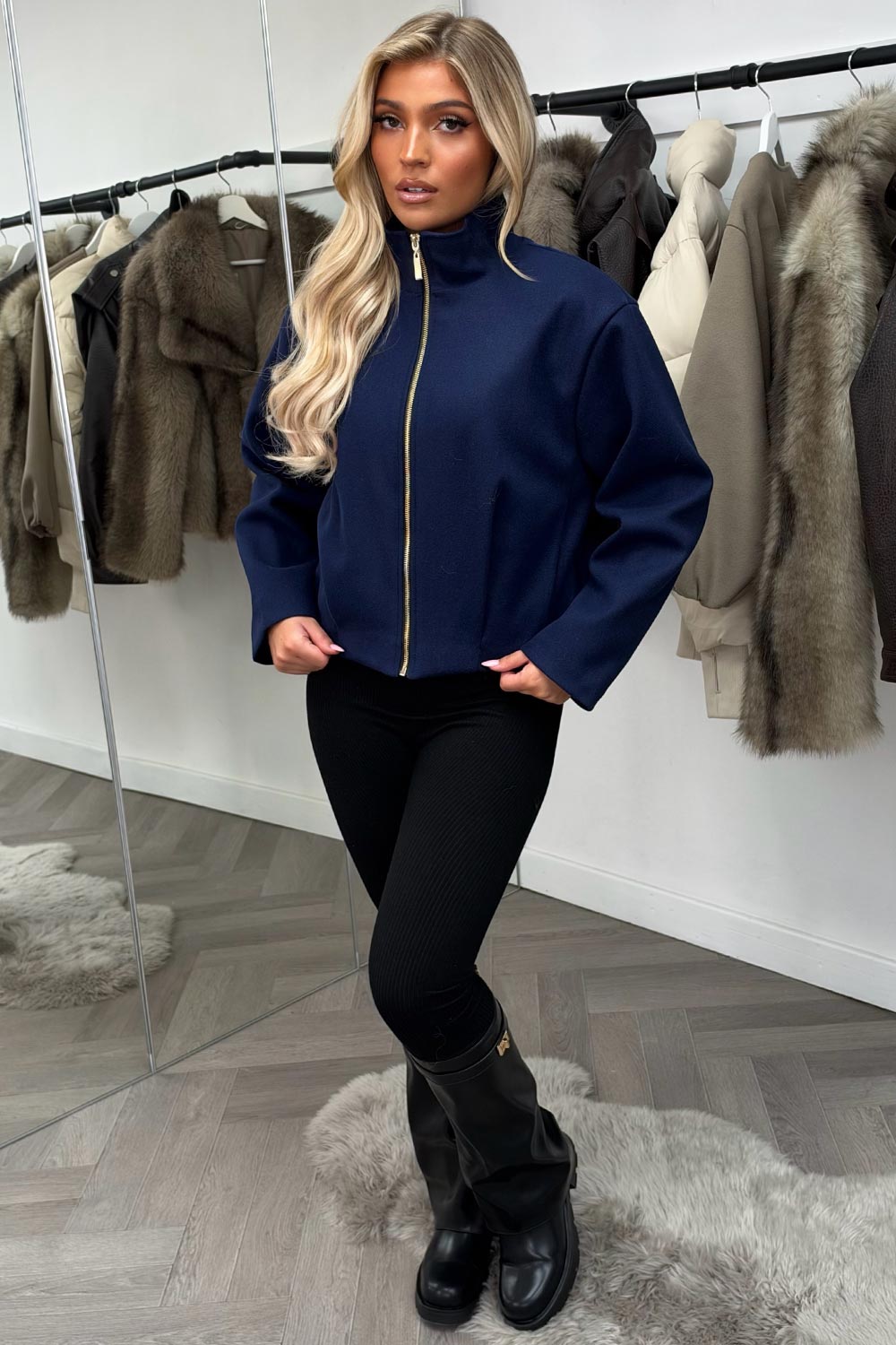 womens navy high collar funnel neck soft bomber jacket styledup uk