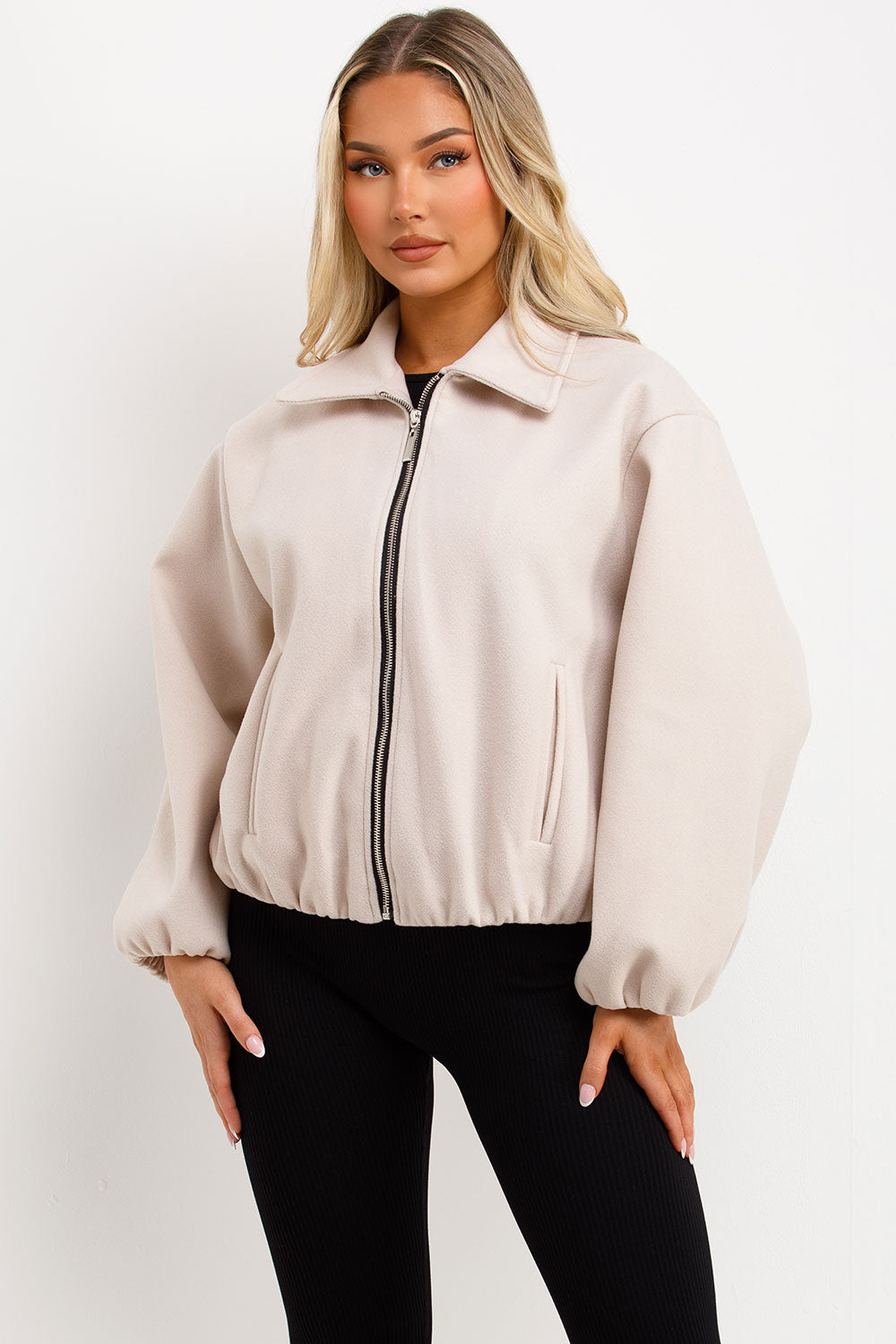 womens beige puffed bomber jacket with front double welt pockets zara womens uk 