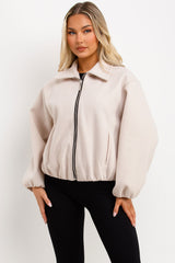 womens beige puffed bomber jacket with front double welt pockets zara womens uk 