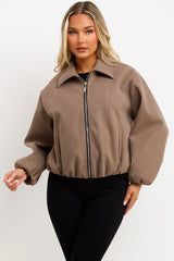 womens taupe puffed bomber jacket with front double welt pockets zara womens uk 