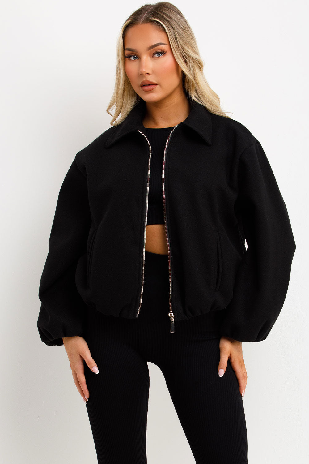 womens zara puffed bomber jacket with zip up front pockets 