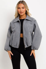 zara womens grey puffed bomber jacket with lapel collars double welt front pockets sale uk styledup outerwear 