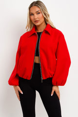 womens zara puffed bomber jacket with zip up front pockets 
