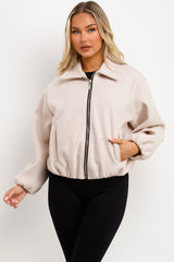 zara womens beige puffed bomber jacket with lapel collars double welt front pockets sale uk styledup outerwear 