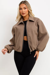zara womens taupe puffed bomber jacket with lapel collars double welt front pockets sale uk styledup outerwear 