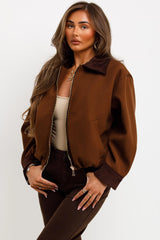 zara womens corduroy collar short bomber jacket brown styledup