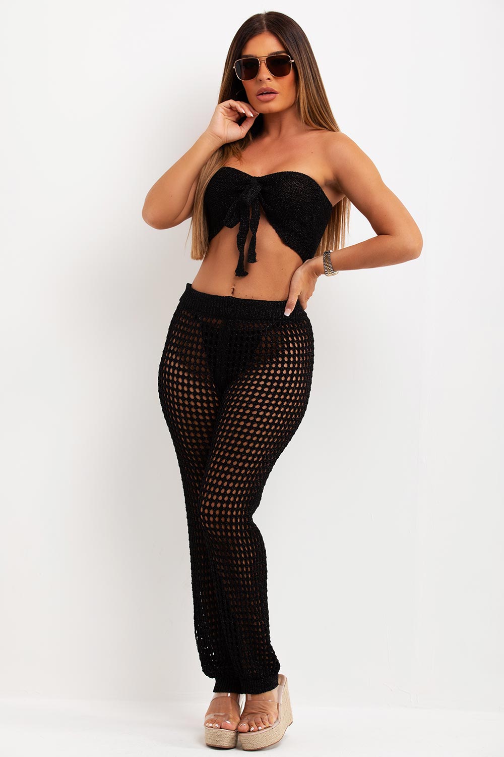 womens crochet crop top and trousers set