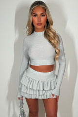 womens long sleeve crop top and ruffle frilly co ord set black weekend christmas party outfit 
