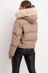 faux fur hood padded puffer short jacket for womens styled up