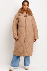 long quilted puffer coat with faux fur collar womens styled up