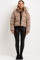 womens puffer jacket with big faux fur hood for winter christmas markets uk